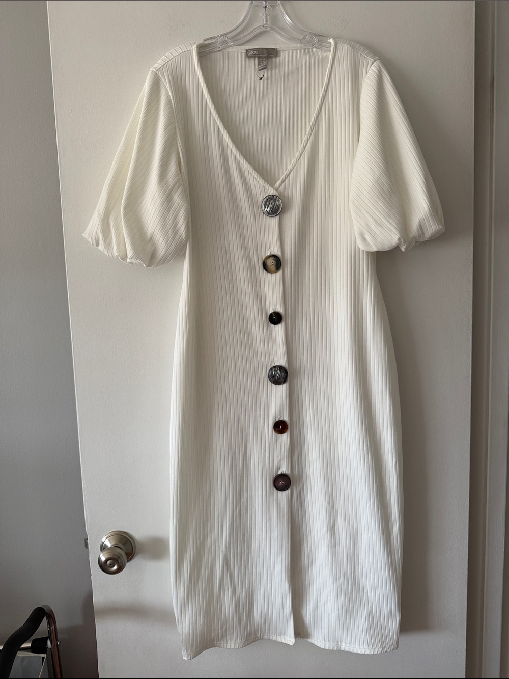 ASOS Cream Ribbed Knit Midi Dress Puff Sleeve Mixed Button Front Size 10 White